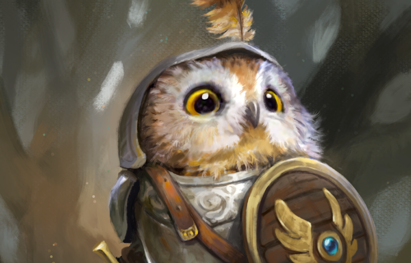 An illustration of a own wearing a knights oufit, holding a sword shield, in a forest background.