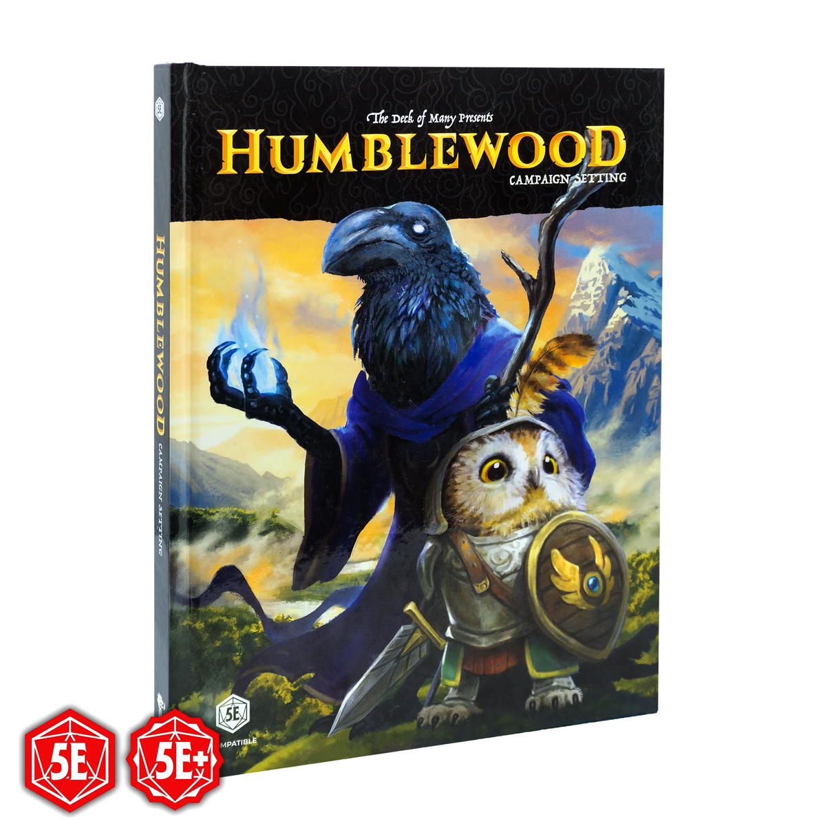 Book titled 'Humblewood' with a crow and owl illustration on a mountainous background