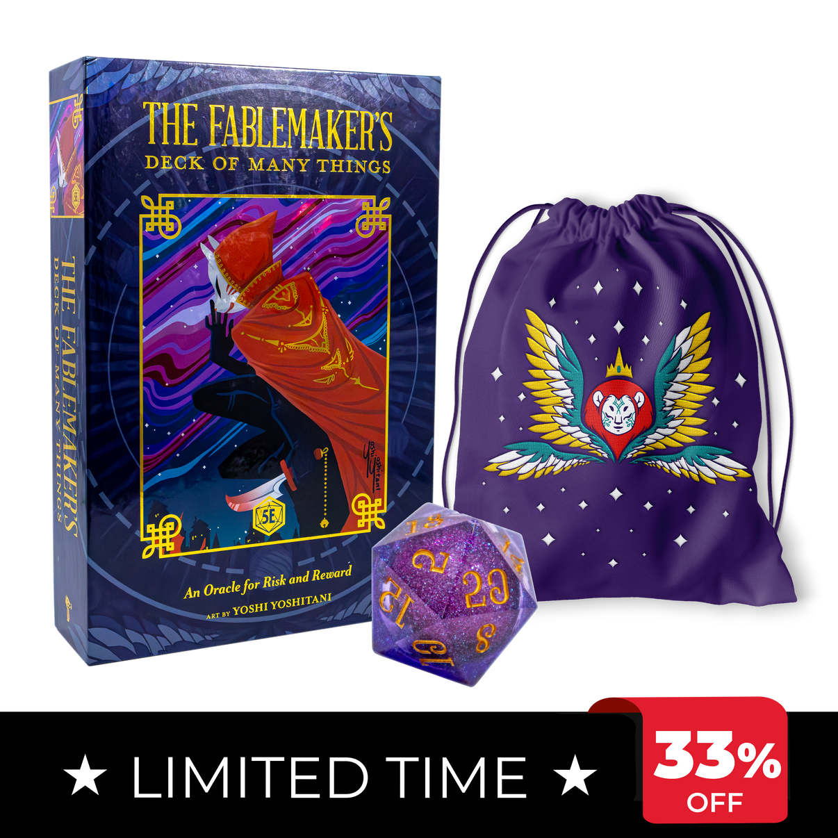 Fablemaker's Deck of Many Things packaging with a purple drawstring bag and dice, featuring a limited-time discount offer.