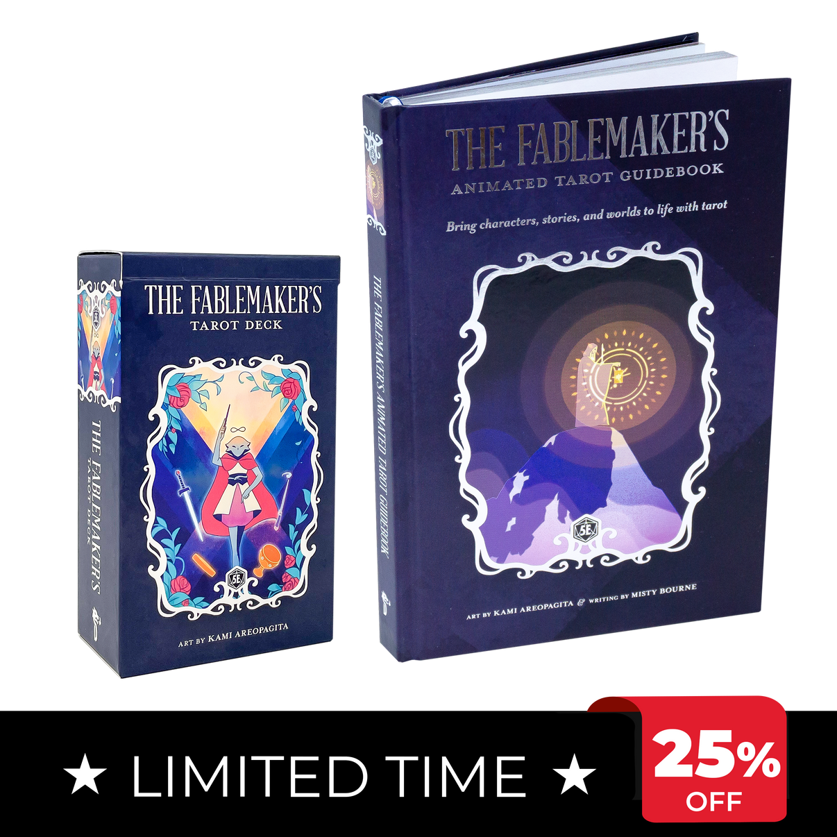 The Fablemaker's Tarot Deck and Guidebook with promotional text on a white background