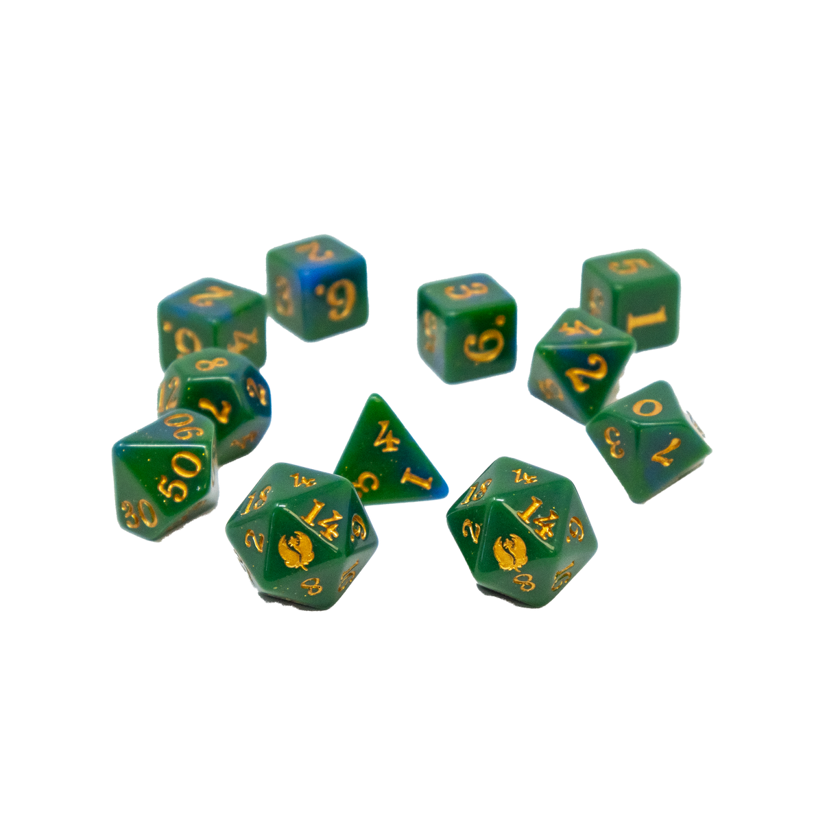 Green dice set with gold numbers on a white background