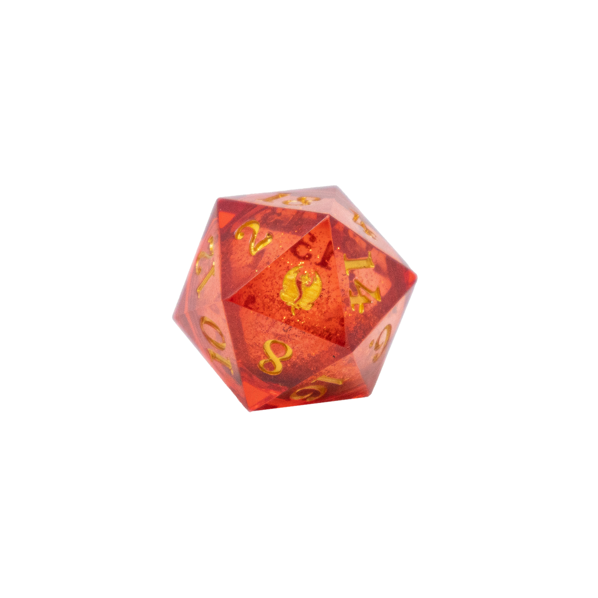 Translucent pink polyhedral dice with gold numbers on a white background