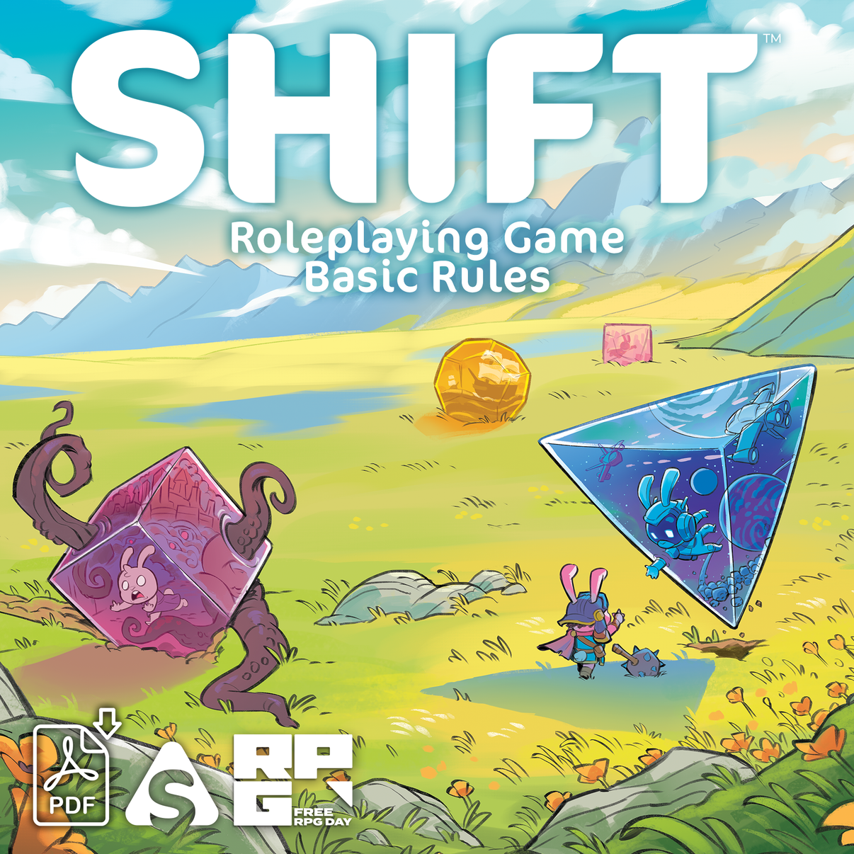 Cover of 'SHIFT Roleplaying Game Basic Rules' with fantasy elements and characters on a grassy landscape.