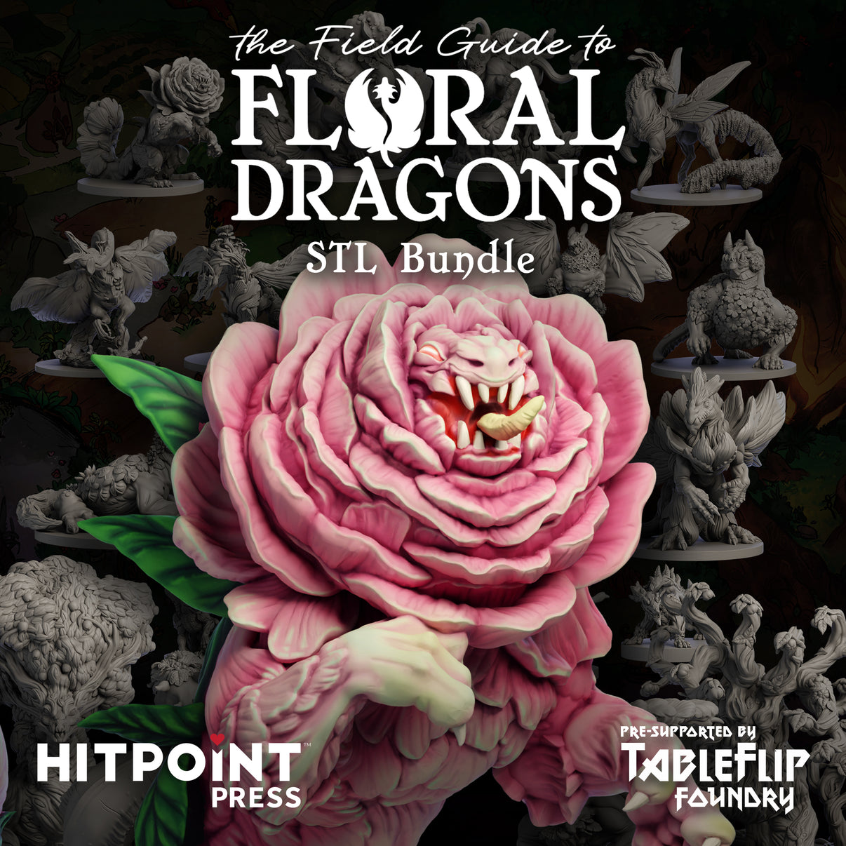 Promotional image for 'The Field Guide to Floral Dragons STL Bundle' featuring a pink floral dragon sculpture.