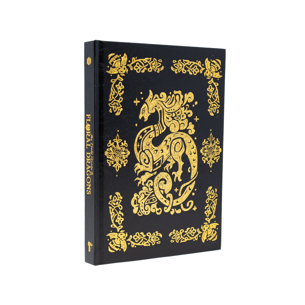 Black book with gold dragon design on a white background