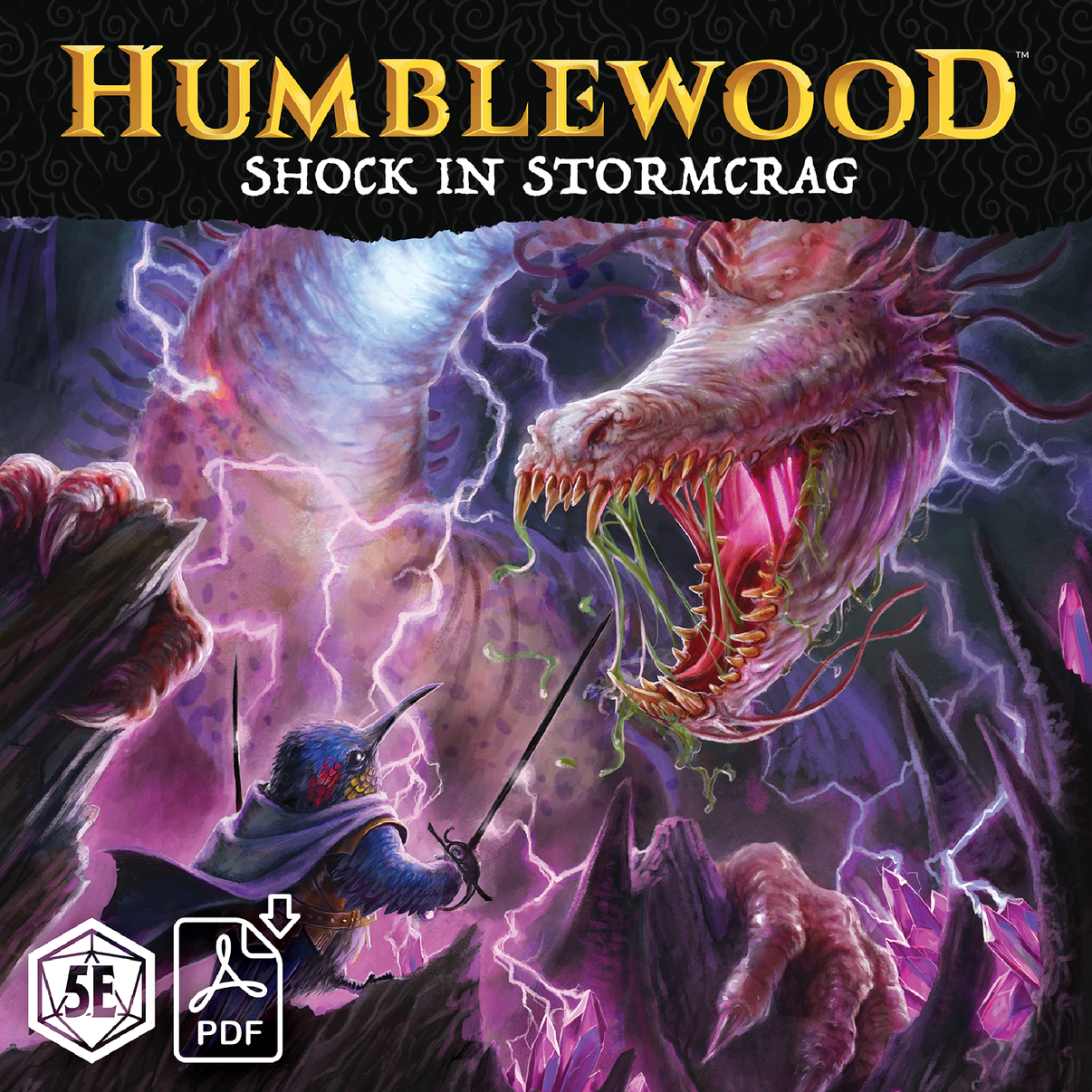 Cover art for Humblewood: Shock in Stormcrag, depicting a fantasy scene with a dragon and a character in a dynamic pose with lightning in the background.