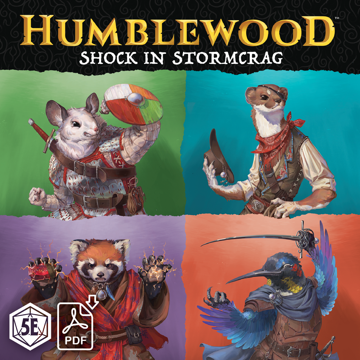 Promotional artwork for Humblewood: Shock in Stormcrag, featuring illustrated character designs including a human wizard, a dragon, a red panda ranger, and a bird-like creature. The image has a fantasy theme suitable for Dungeons and Dragons gameplay.