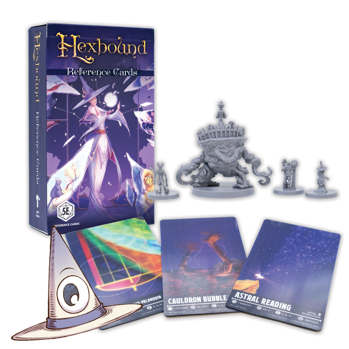 Hexbound reference cards with game pieces and box on a white background