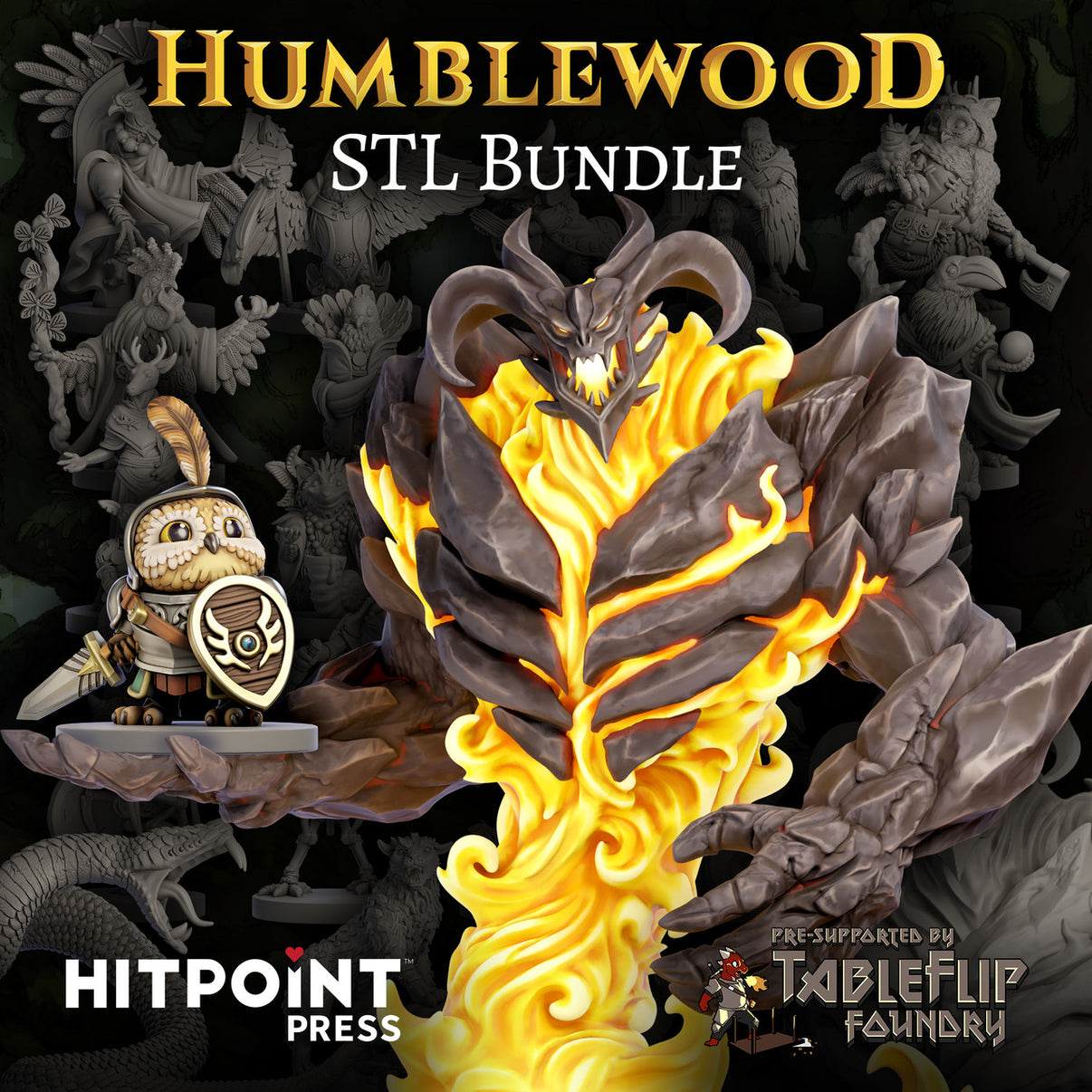 Promotional image for Humblewood STL Bundle featuring a digital miniature of a dragon withflames, surrounded by other character and creature miniatures.