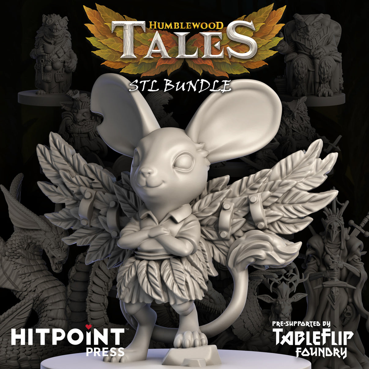A digital image of a miniature character from the Humblewood Tales series, featuring a mouse-like creature with wings and armor.