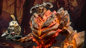 Giant fiery creature with a smaller warrior figurine in a dark forest setting