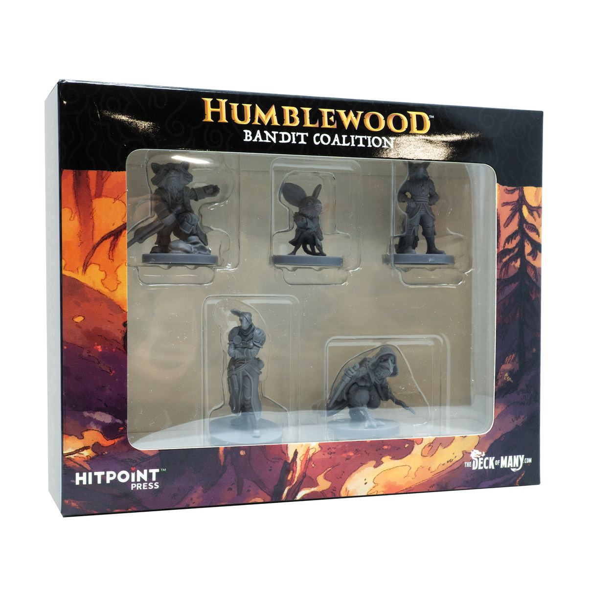 A packaged set of plastic miniatures from Humblewood, featuring various bandit characters and a thief, displayed in a clear plastic box.