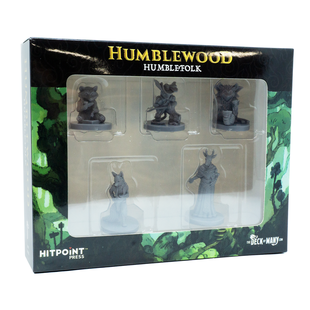 A packaged set of plastic miniature figures labeled 'HUMBLEWOOD HUMBLEFOLK', including various animal character minis.