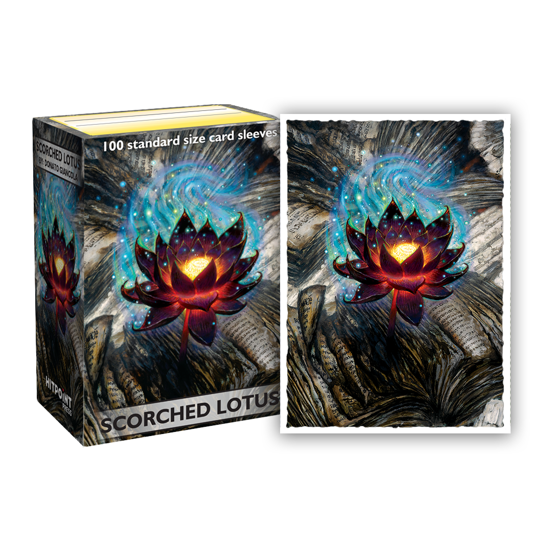 A box of Dragon Shield matte sleeves featuring the artwork Scorched Lotus by Donato Giancola. The box is labeled with the product information.