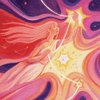 Colorful illustration of a woman holding a star with cosmic elements