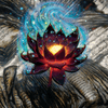 Colorful lotus flower with swirling energy and text in the background