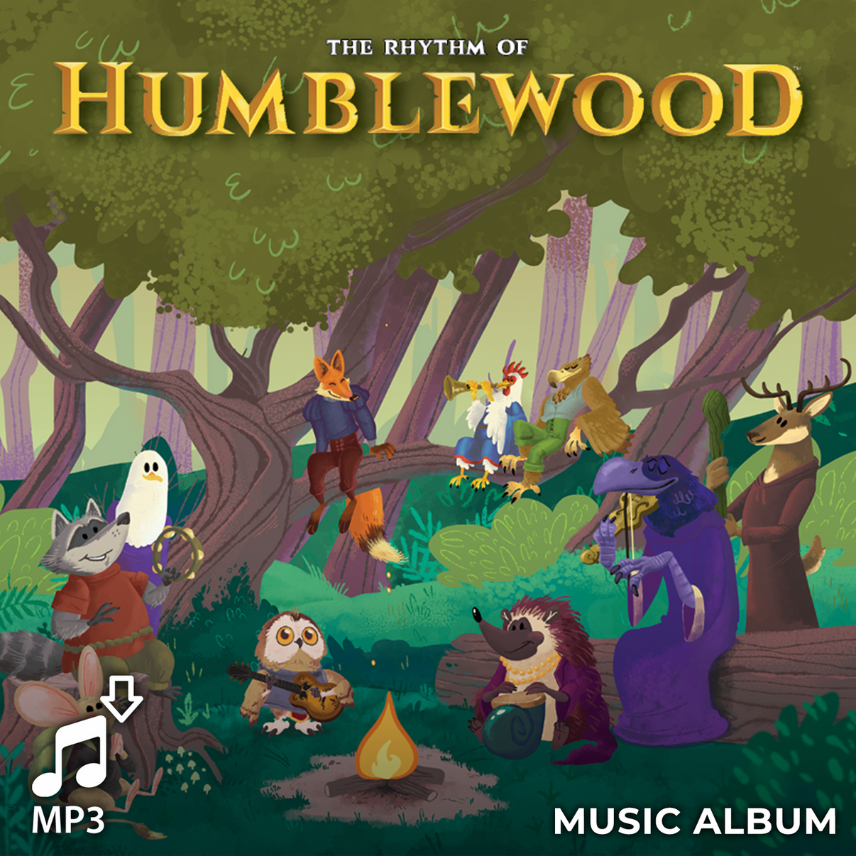 Album cover for 'The Rhythm of Humblewood' featuring an illustration of fantasy characters and creatures in a forest setting with a campfire.