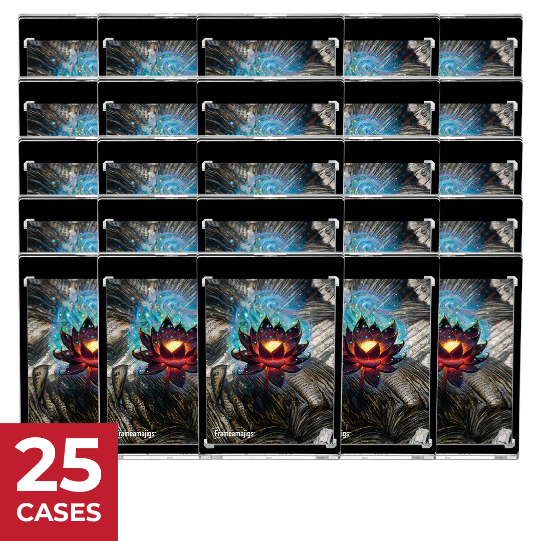 A collection of 25 black magnetic card cases with a blue and red floral pattern on the front, displayed in a 5x5 grid.