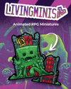 Living Minis animated RPG miniatures packaging with a green character on a purple background
