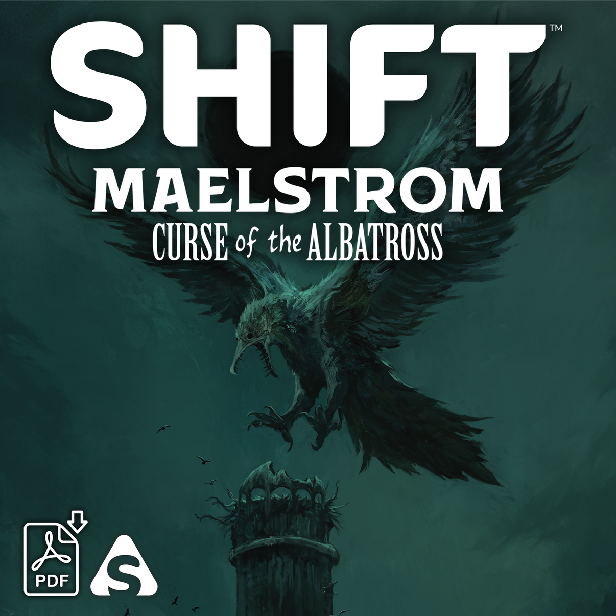 Game cover of 'Shift Maelstrom: Curse of the Albatross' with a large bird and dark background.