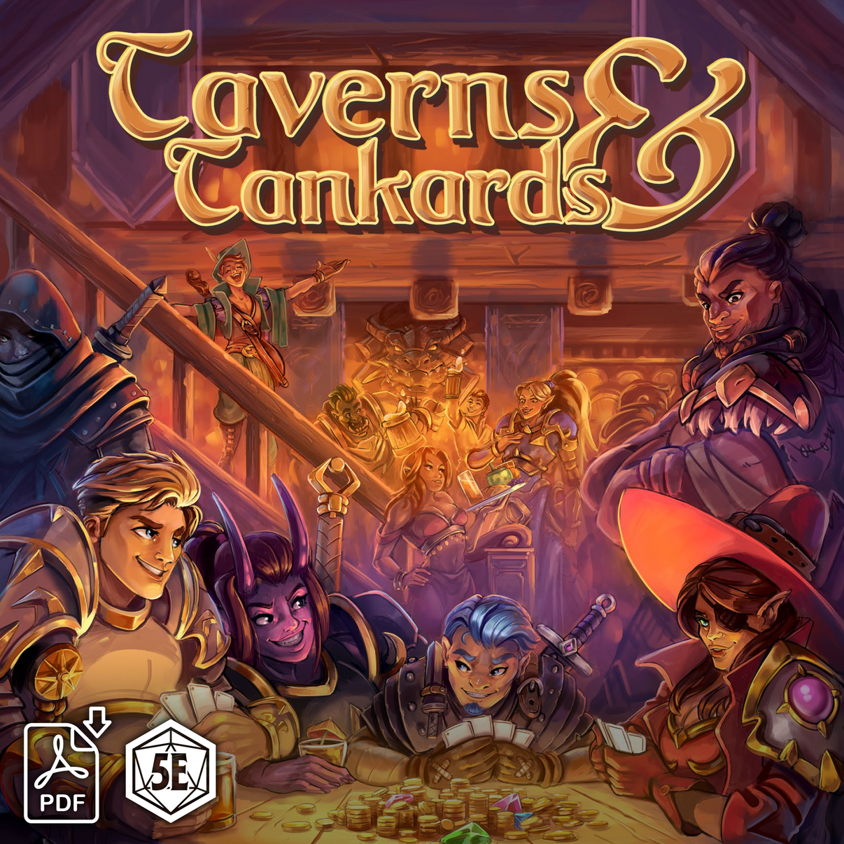 Cover of 'Taverns & Tankards' with characters around a table in a tavern setting.