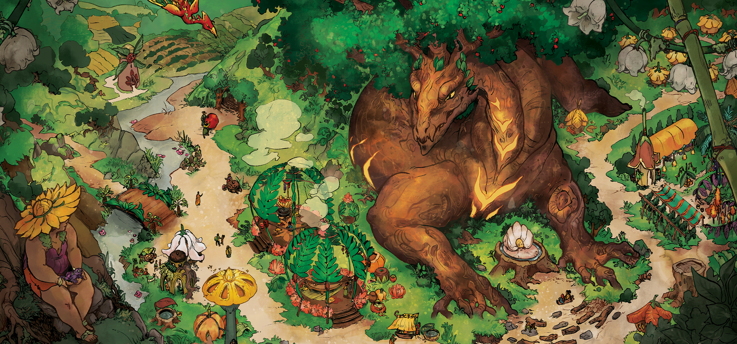 Fantasy scene with a large dragon in a lush forest